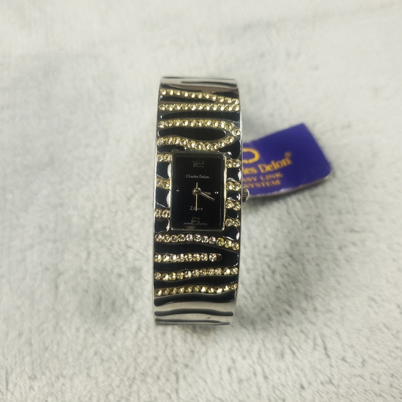 Vintage Silver Tone Bracelet Watch Ladies Zebra Striped Bangle Cocktail Costume - Picture 3 of 9